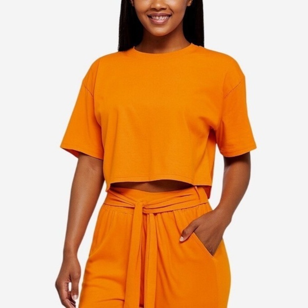 Zara Orange Short Sleeve Crop Top Crew Neck Boxy Fit L‎ Resortwear Chic 97-39